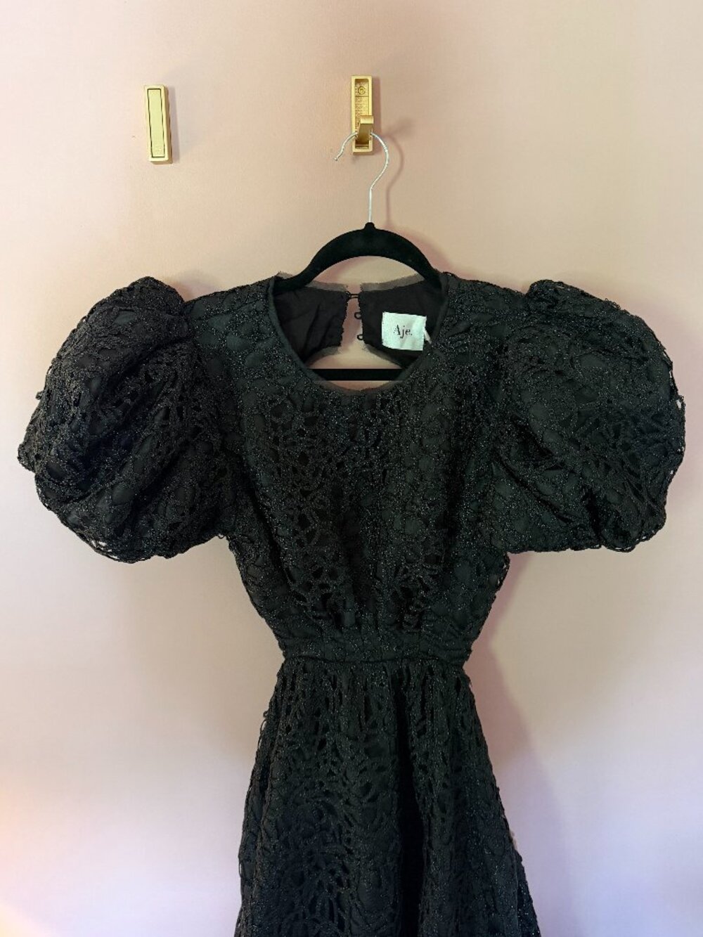 Aje Patina Lace Midi Dress Black Puff Sleeve Cutout NWT Size 10 (US 6)